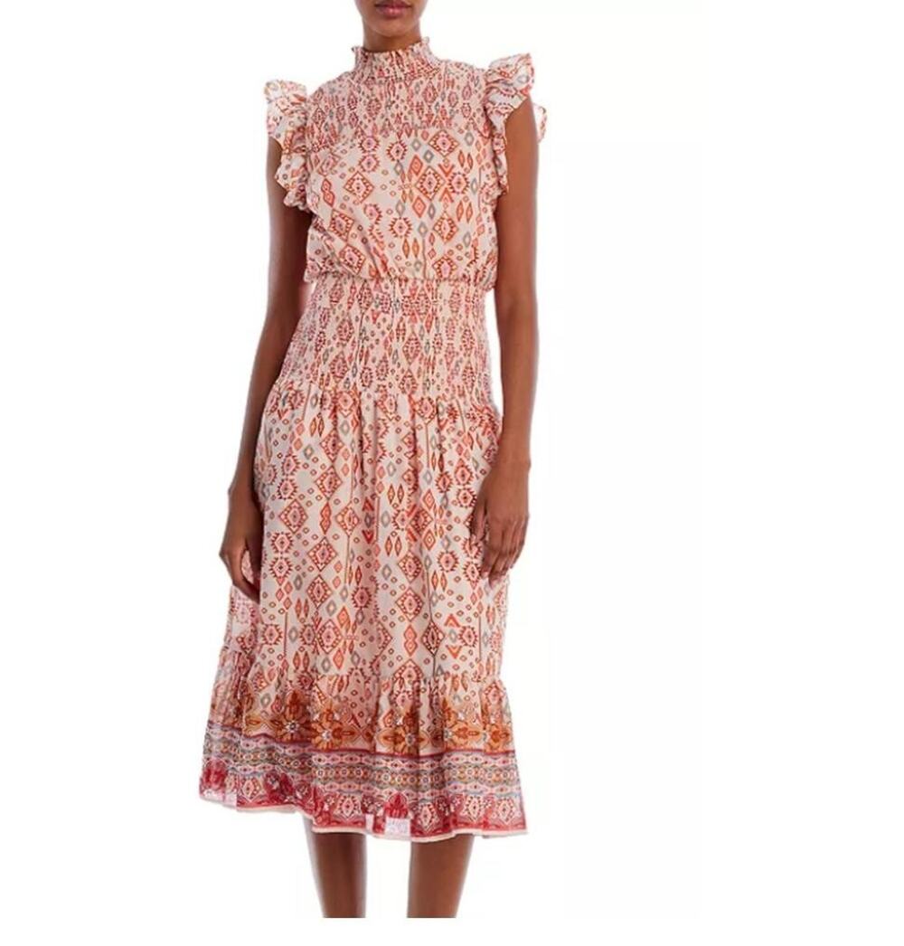 Aqua Dress Women's Extra Small Pink Geo Print Smocked High Neck Ruffle Boho Midi